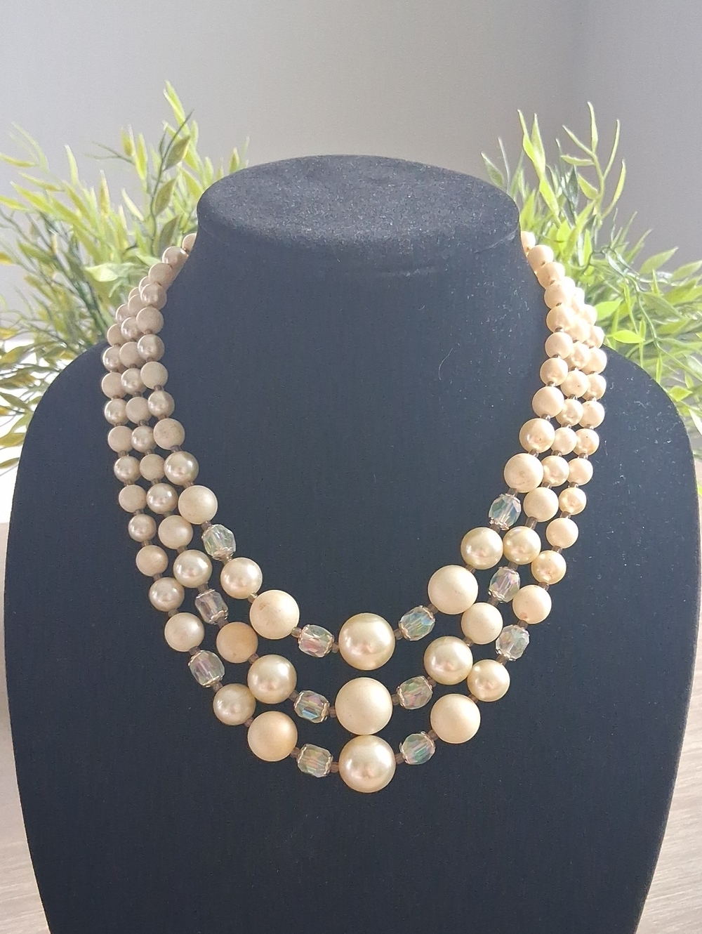 Vintage Japan Triple-Strand Cream Faux Pearl and Crystal Choker Necklace